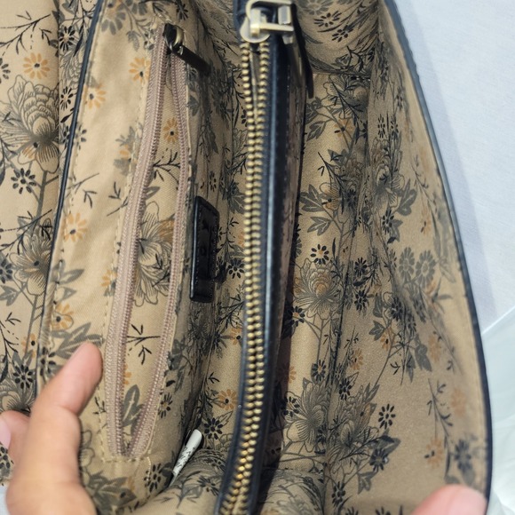 Black Faux Leather Ring Handle Crossbody Bag Floral Lining Triple Compartment - Picture 7 of 7